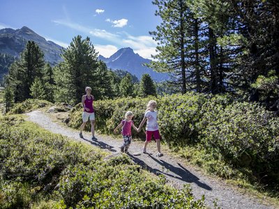 Wandern in Sölden? Im Sommer und Winter! Familie wandert auf einem sonnigen Bergweg mit Bergen und Bäumen im Hintergrund