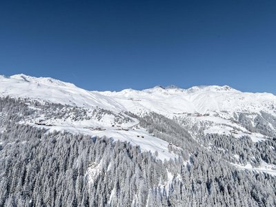 Hotel in Sölden mit 4-Sterne-Service Verschneite Berge und Wälder unter klarem blauem Himmel