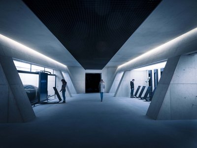 Freizeitarena Sölden und noch viel mehr Moderne Ausstellungshalle mit Besuchern und interaktiven Bildschirmen