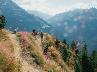 Ausflugsziele in Sölden gesucht? Mountainbiker auf einem schmalen Bergpfad mit Alpenpanorama